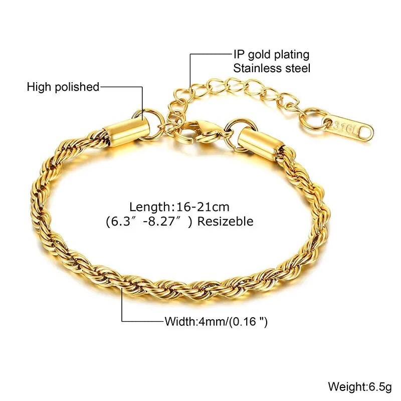 2-5MM Stainless Steel Rope Bracelets for Men Adjustable Gold Silver Color Links