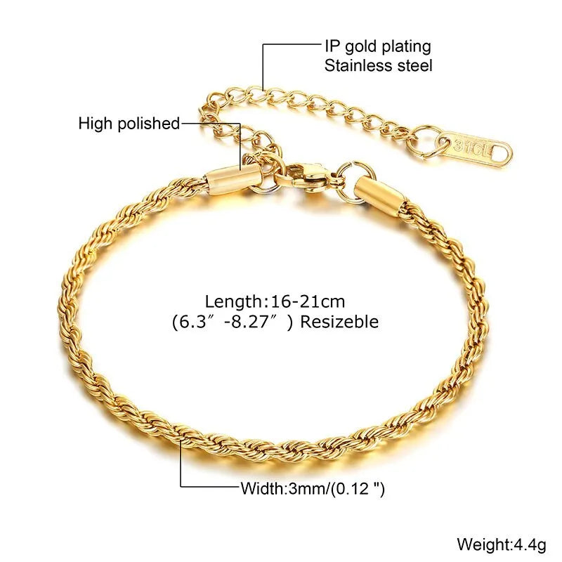 2-5MM Stainless Steel Rope Bracelets for Men Adjustable Gold Silver Color Links