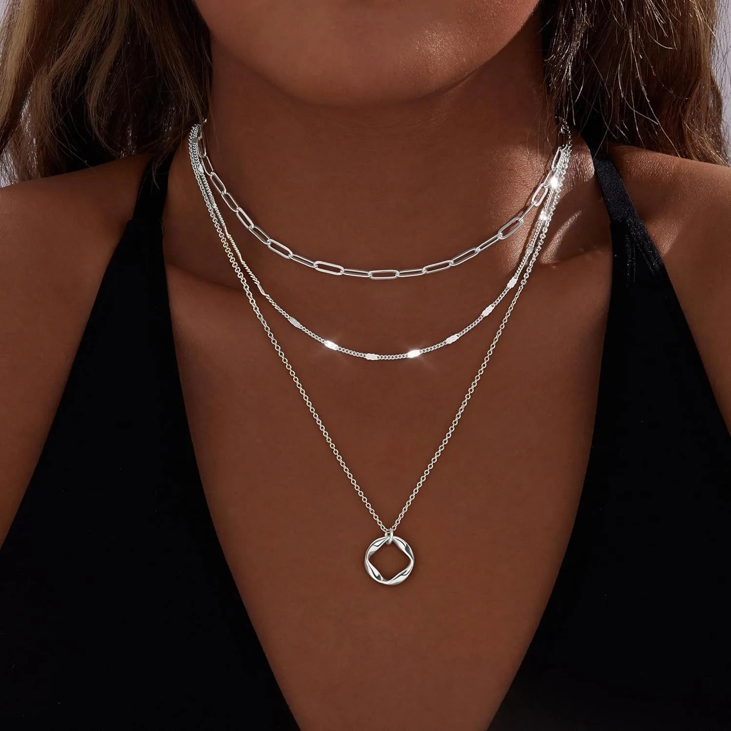 Layered Gold Necklaces for Women Stackable14K Gold Silver Plated Circle Paperclip Chain