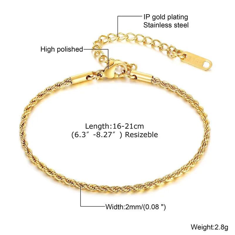 2-5MM Stainless Steel Rope Bracelets for Men Adjustable Gold Silver Color Links