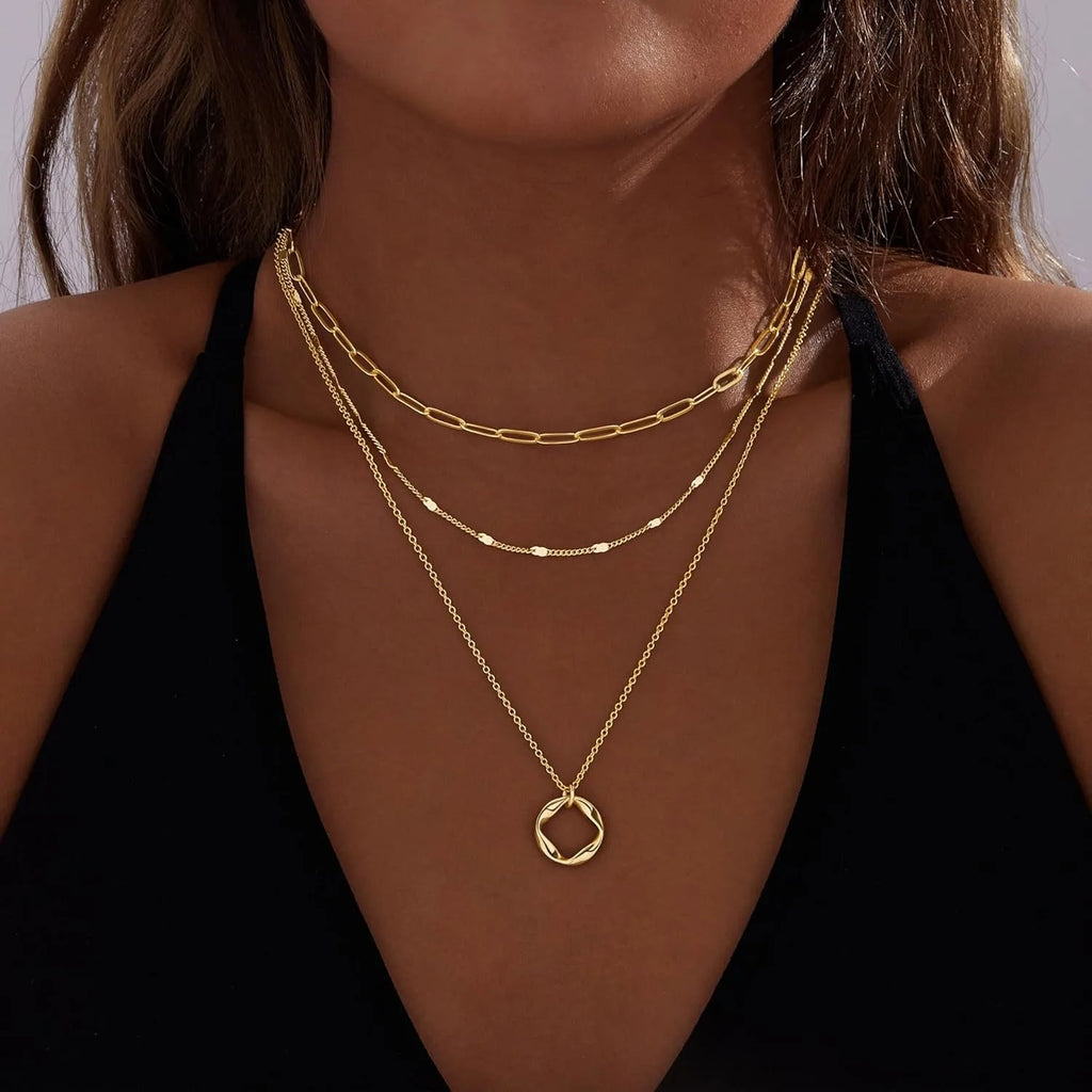 Layered Gold Necklaces for Women Stackable14K Gold Silver Plated Circle Paperclip Chain