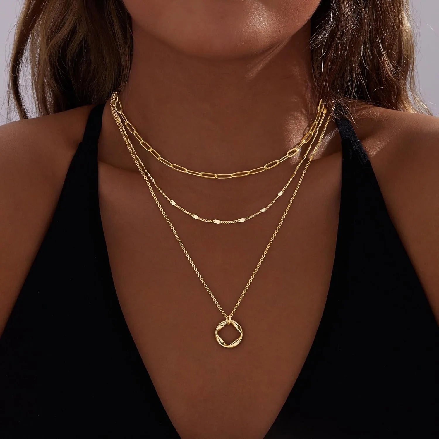 Layered Gold Necklaces for Women Stackable14K Gold Silver Plated Circle Paperclip Chain
