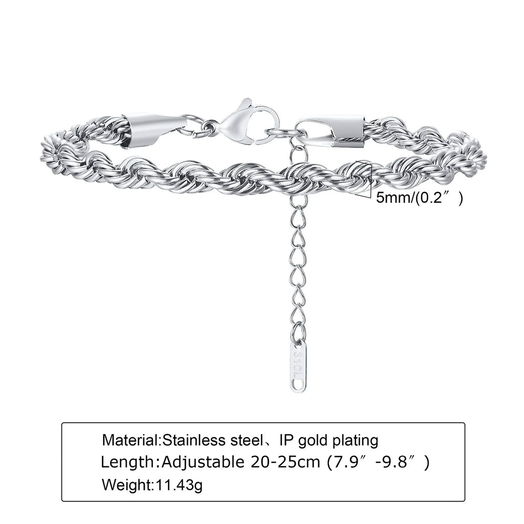 2-5MM Stainless Steel Rope Bracelets for Men Adjustable Gold Silver Color Links