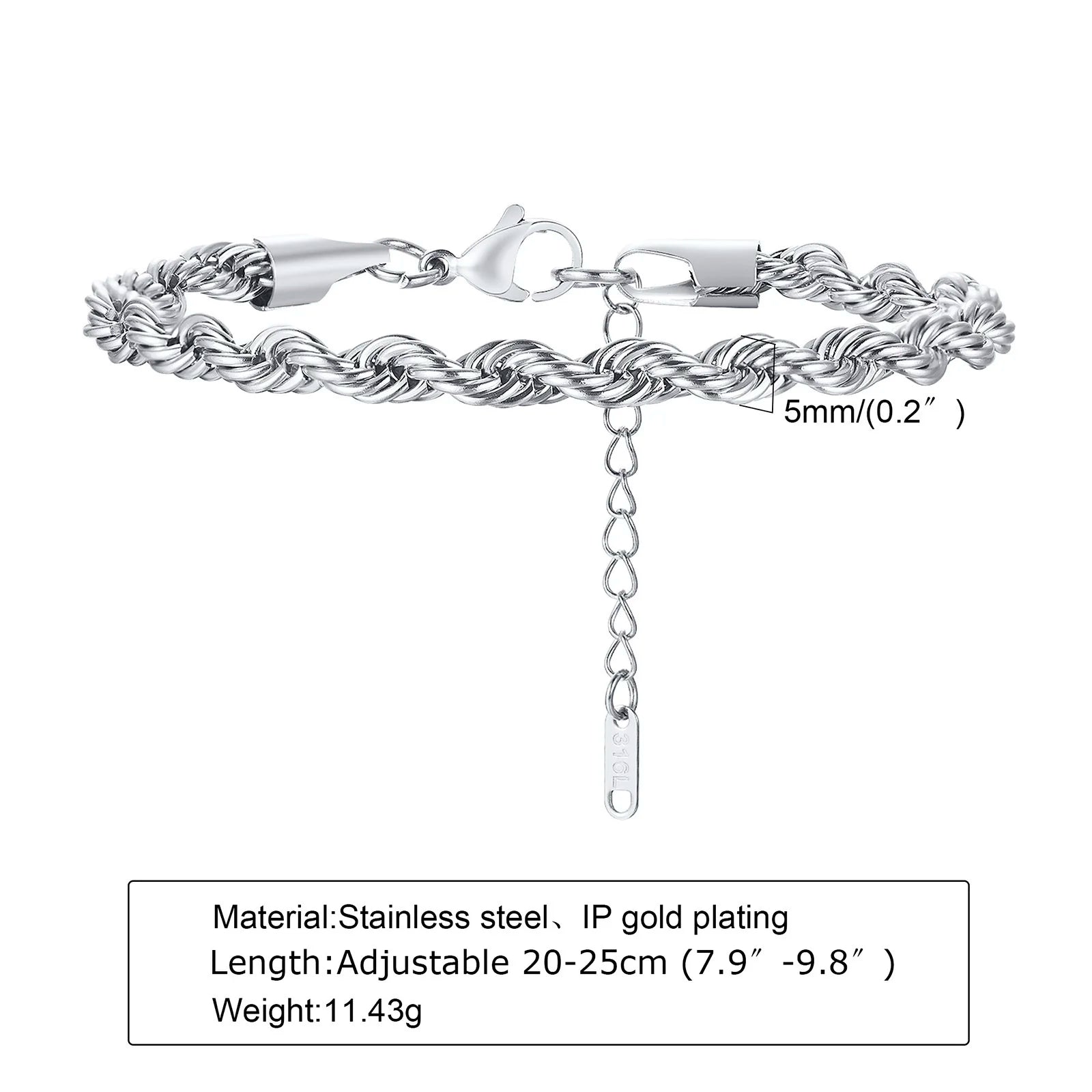 2-5MM Stainless Steel Rope Bracelets for Men Adjustable Gold Silver Color Links