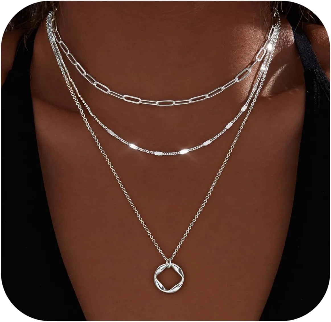 Layered Gold Necklaces for Women Stackable14K Gold Silver Plated Circle Paperclip Chain