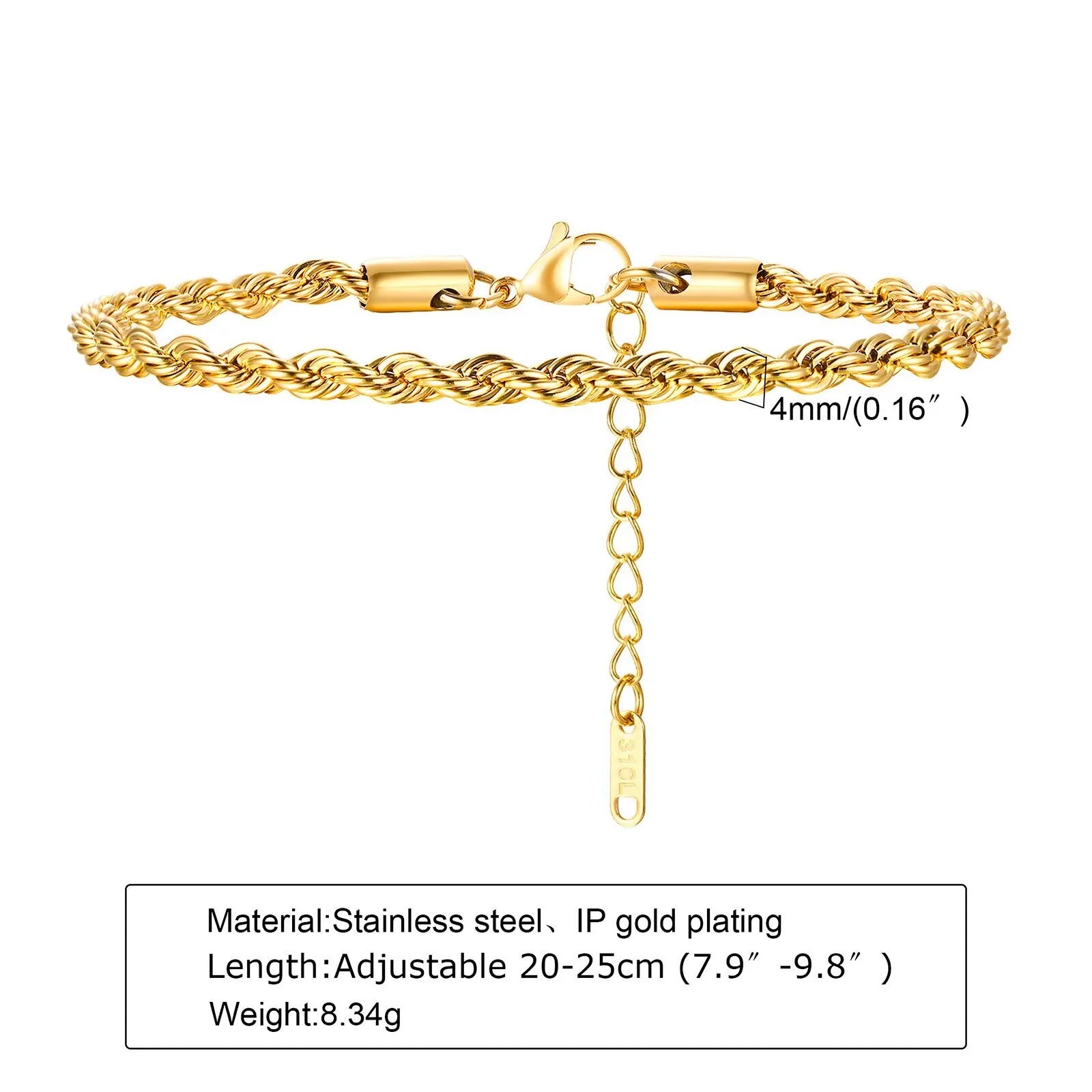 2-5MM Stainless Steel Rope Bracelets for Men Adjustable Gold Silver Color Links