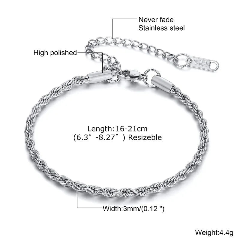 2-5MM Stainless Steel Rope Bracelets for Men Adjustable Gold Silver Color Links
