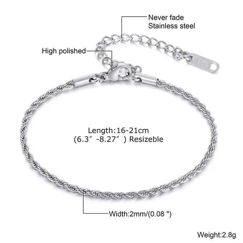 2-5MM Stainless Steel Rope Bracelets for Men Adjustable Gold Silver Color Links