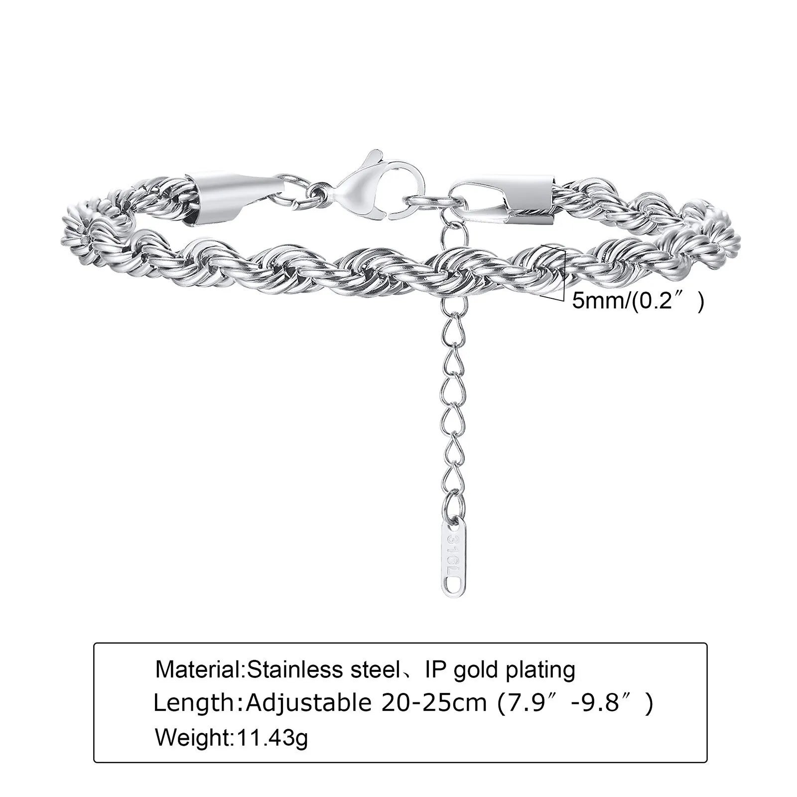 2-5MM Stainless Steel Rope Bracelets for Men Adjustable Gold Silver Color Links