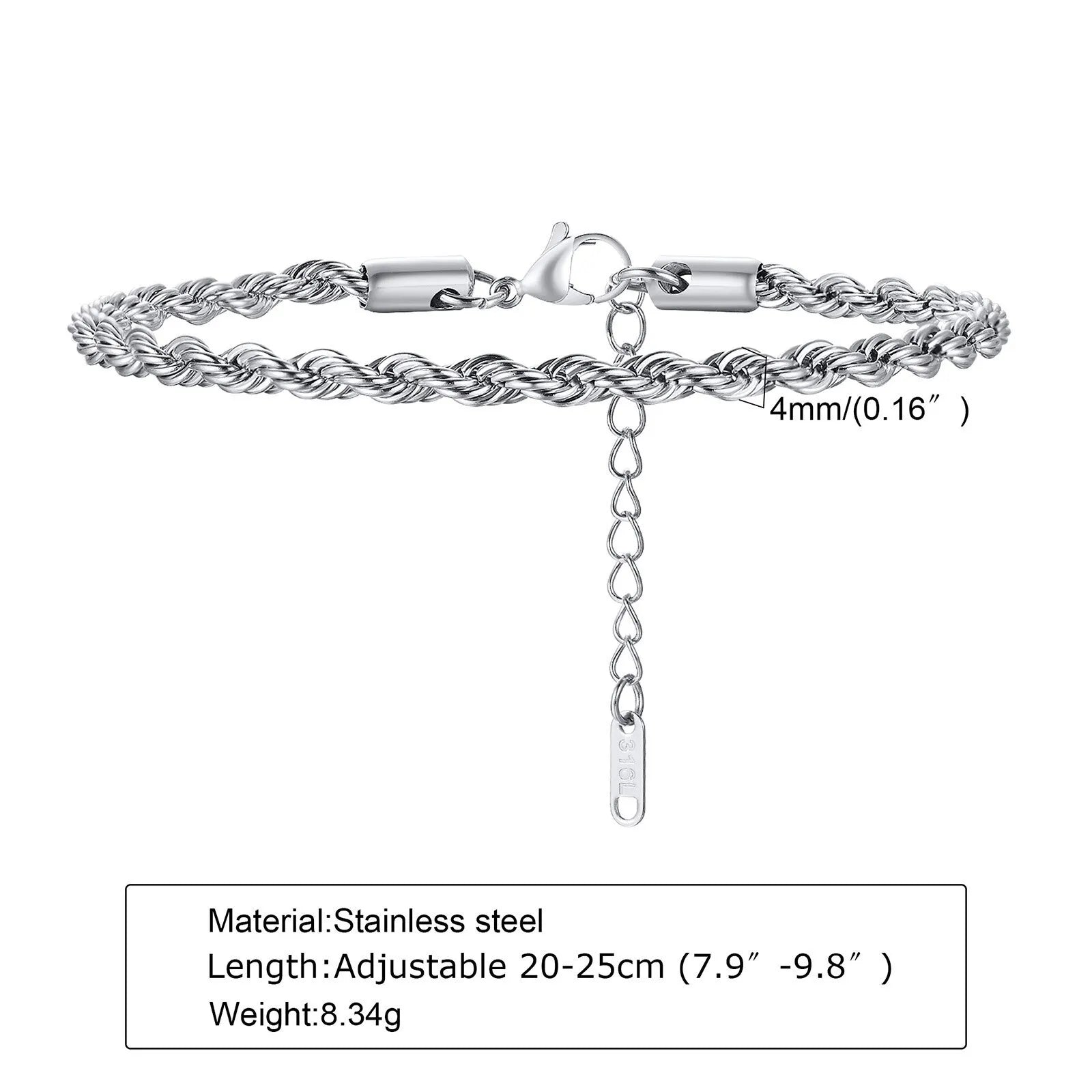 2-5MM Stainless Steel Rope Bracelets for Men Adjustable Gold Silver Color Links