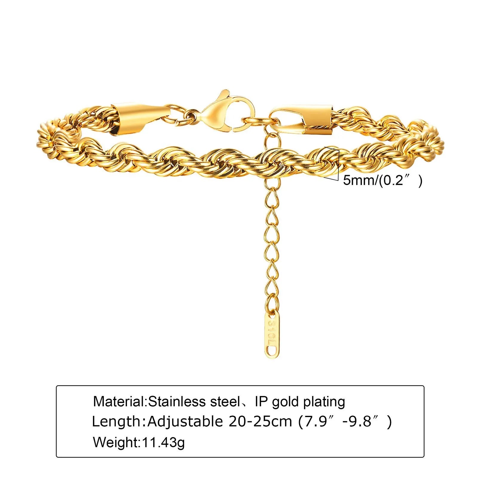 2-5MM Stainless Steel Rope Bracelets for Men Adjustable Gold Silver Color Links