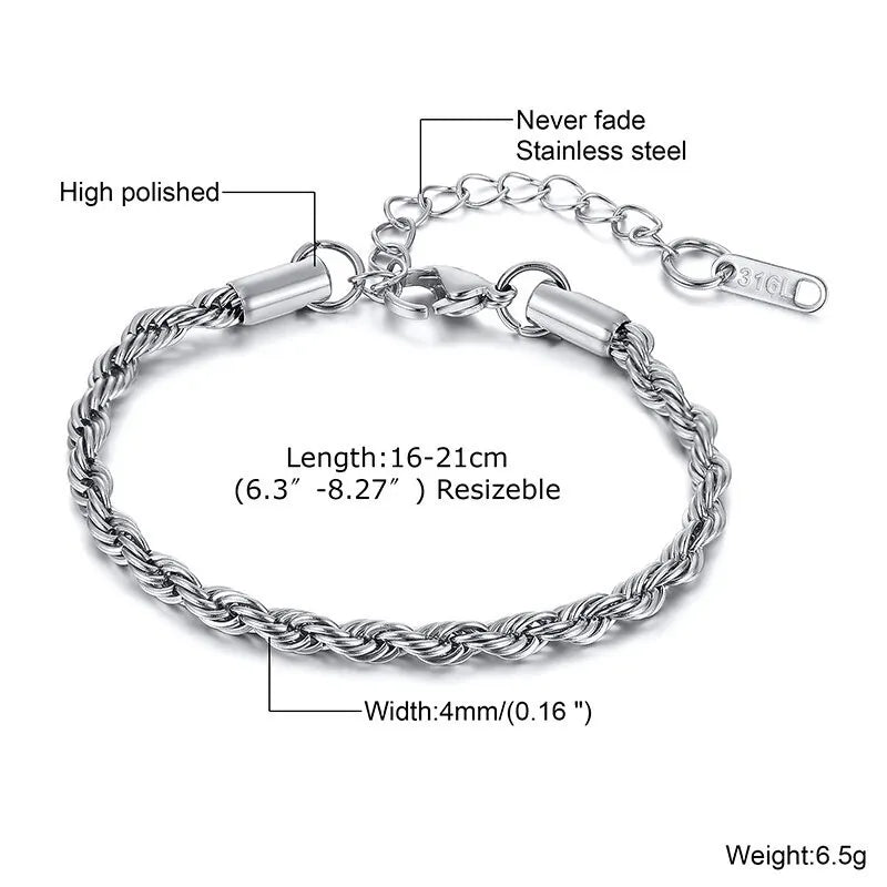 2-5MM Stainless Steel Rope Bracelets for Men Adjustable Gold Silver Color Links